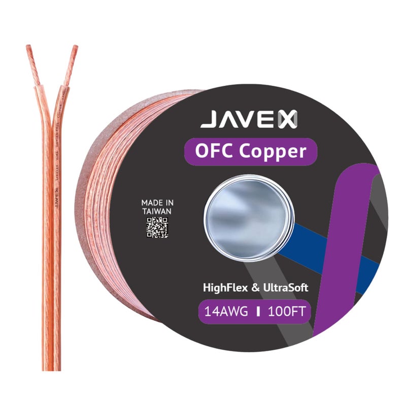 JAVEX 14-Gauge AWG Audio Speaker Wire Cable (100 FT), [OFC Oxygen-Free Copper] Thin Flat Cable for Automotive Car Stereo Audio, HI-FI Stereo, Home Theater - Image 1